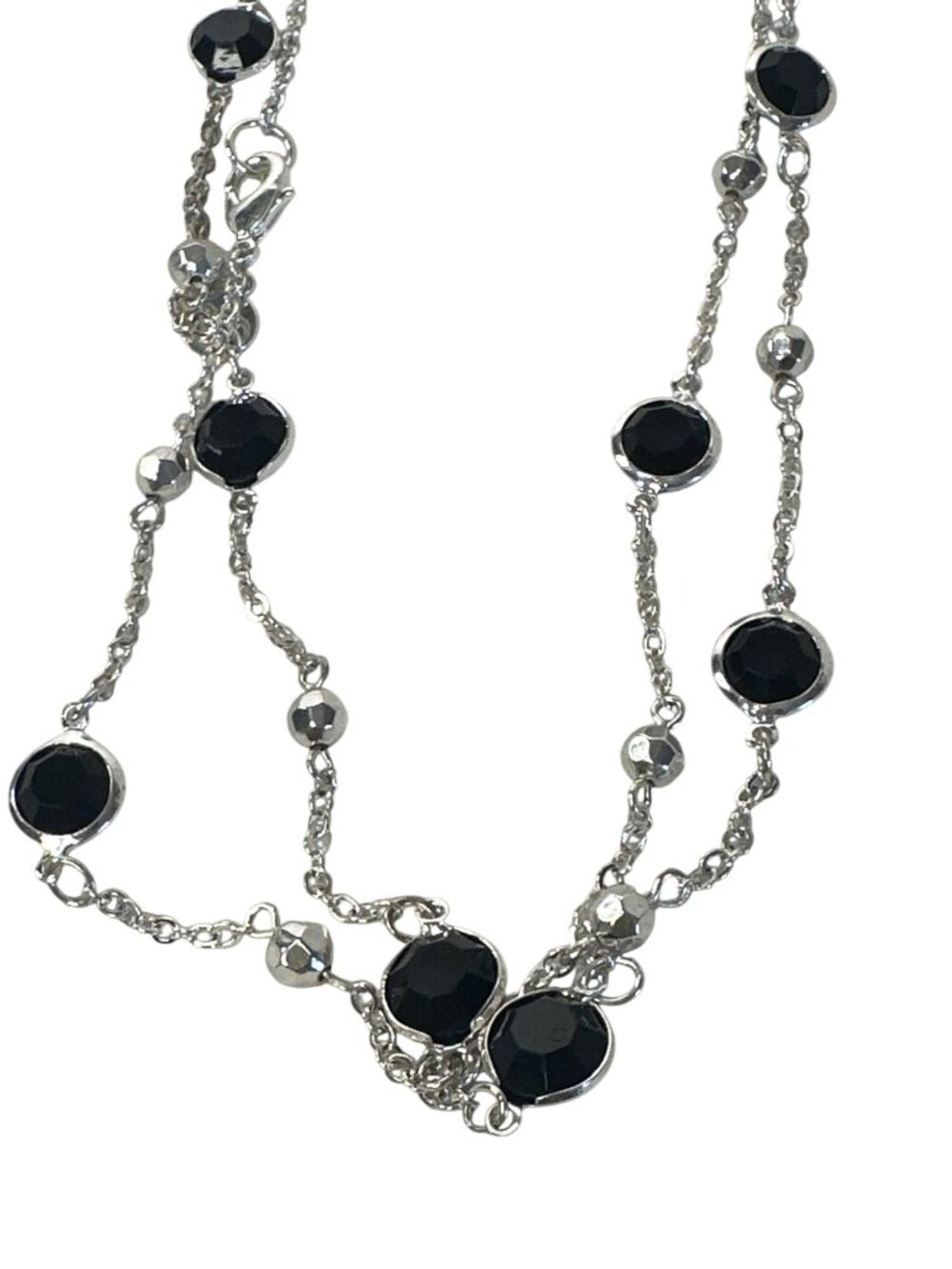 Charter Club Station Necklace Long Silver Tone Black Beads Faceted Career Long